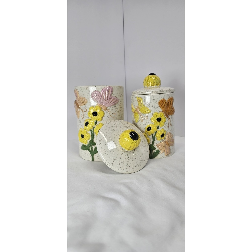 Vintage 1970s Ceramic Canister Set Butterfly Floral Speckled Kitchen Jars w Lids